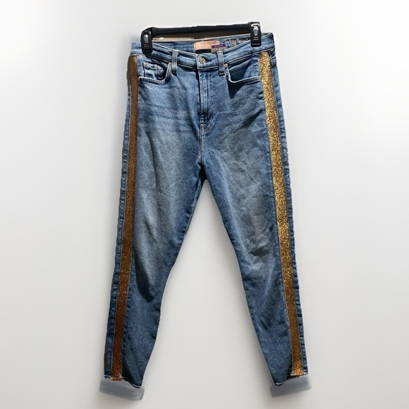 7 For All Mankind Denim - 7 For All Mankind‎ Luxe Vintage High-Waist Ankle Skinny Jeans w/ Lurex Stripe 28